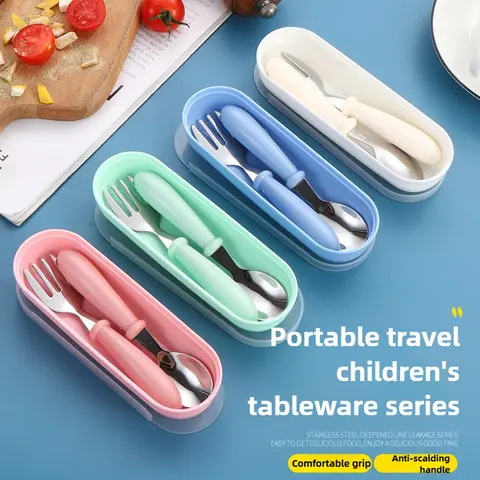 304 스테인리스 스틸 어린이 식기 세트, 내열성 손잡이, 포크 스푼 상자 포함, 아기 식기 액세서리