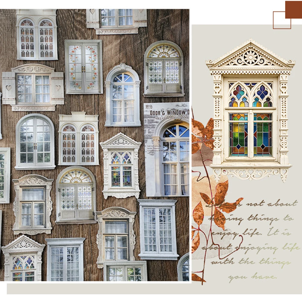20pcs Doors Windows Series Vintage Style Stickers Cute Phone Case and Journal Diy Handbook Material School Office Supplie