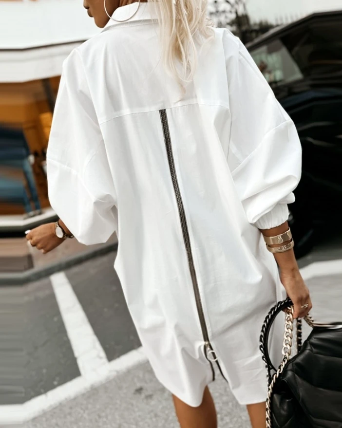 2024 New Fashion Turn-Down Collar Button Down Dip Hem Shirts Long Sleeve Blouse Back Zip Up Oversized Top T-Shirt