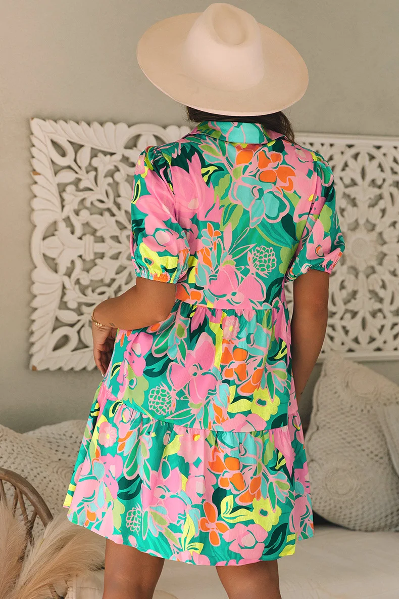 Sommer Neues Blumendruck Puffärmel Boho Kleid für Frauen 2025, süßes und verspieltes knielanges A-Linien-Kleid