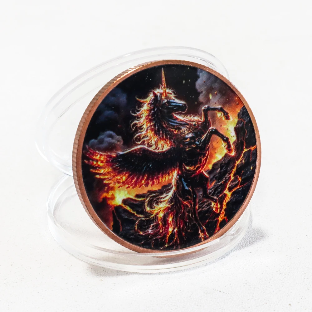 1 Oz .999 Fine Copper Fire Unicorn Challenge Coin Fantasy Pegasus Unicorn Commemorative Medal in Display Slab Collectible Gifts