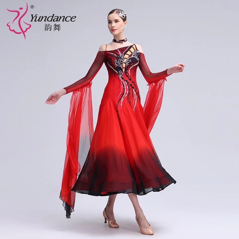 B-24111 Abito da ballo da sala in chiffon Ombre rosso nero personalizzato di alta qualità Nuovo standard internazionale di abbigliamento da palcoscenico