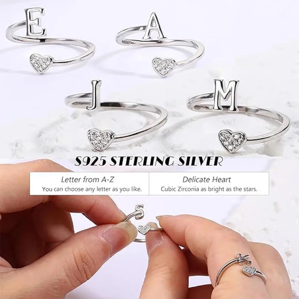 Fansilver S925 Sterling Silver Initial Ring for Women Initial Heart Stackable Adjustable Letter Rings Gift for important