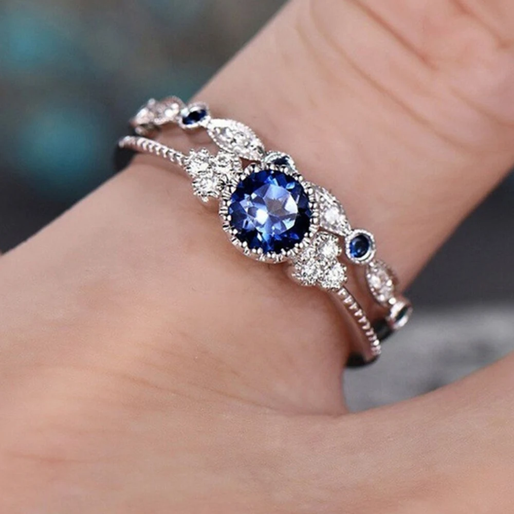 2 PCs Silver-Color Vintage Blue Zircon Ring For Women Fashion Classic Wedding Purple Pattern Ring Jewelry Set Gift