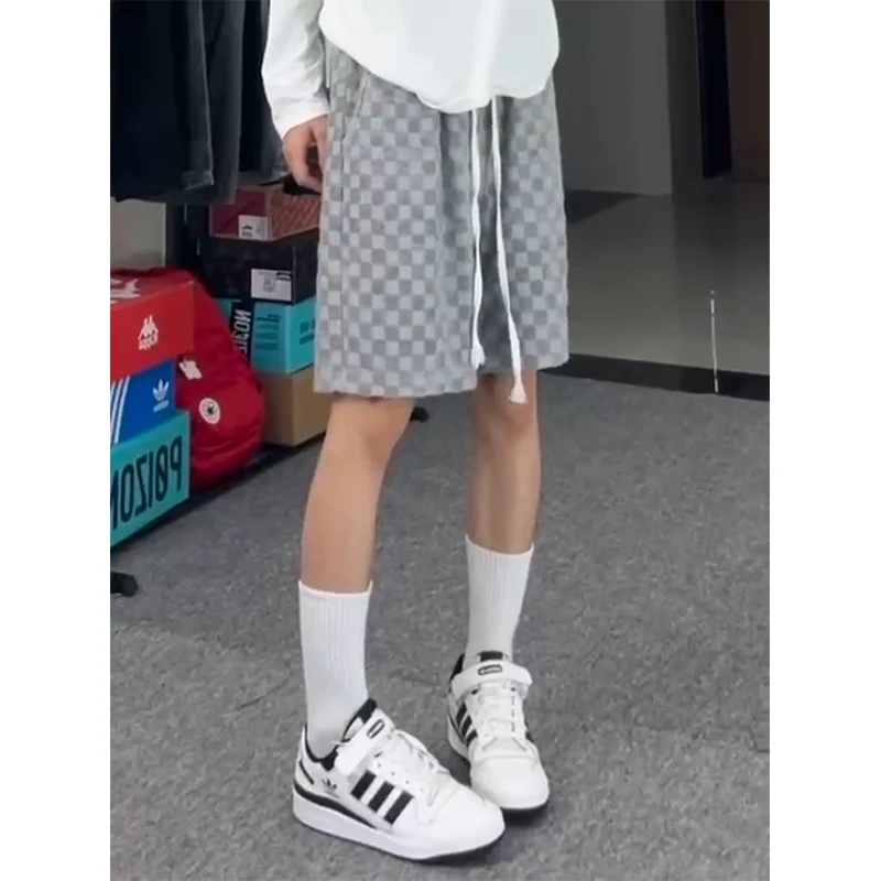 Gray Plaid Casual Men's Shorts Summer New American High Street Beach Pants Trendy Brand Handsome Five-Quarter Pants