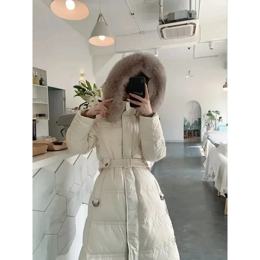 Down Jacket Women Fox Fur Collar Jacket 2024  Real Fur Coat Fashion White Duck Down Loose Jacket Winter Female Outerwear Coats