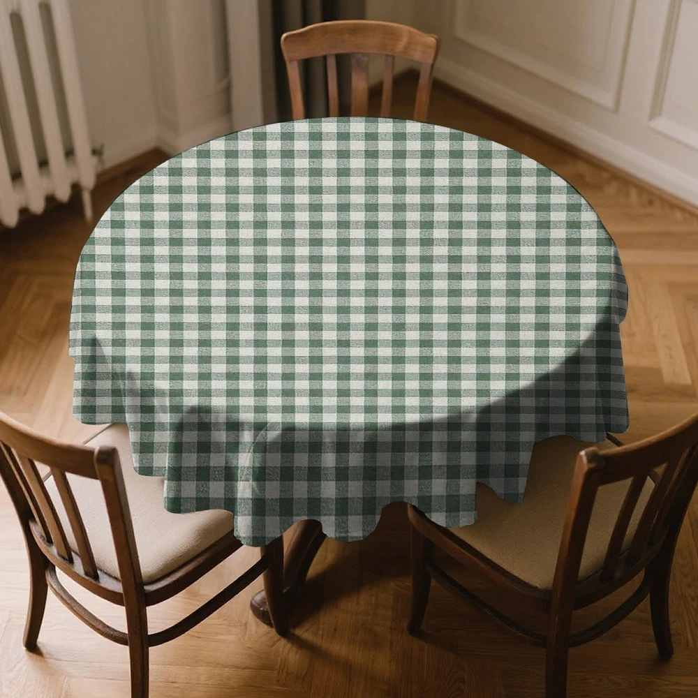 1 piece green and white plaid round tablecloth - plaid tablecloth, durable woven easy-to-clean polyester fabric