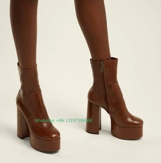 Lady brown PU platform calf boots fall winter chunky heel side zip boots office lady dress boots causal boots footwear size 46