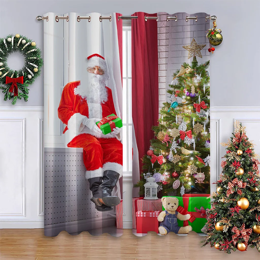 Cartoon Window Curtains for Kids, Santa Claus, Snowman, Elk, Blinds for Living Room, Bedroom, Kitchen, Door, Home Decor, 2Pcs