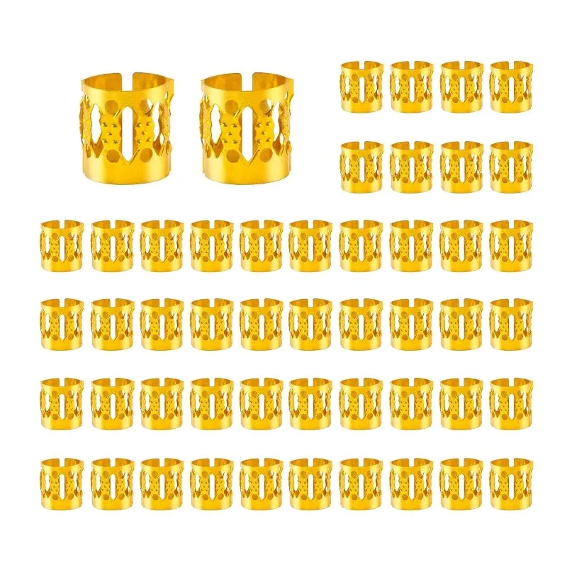 50Pcs Gold Hollow Dreadlock Extension Rings Set for Woman Braids Hair DIY Non Slip Easy Use Party Festival Hair Accessories