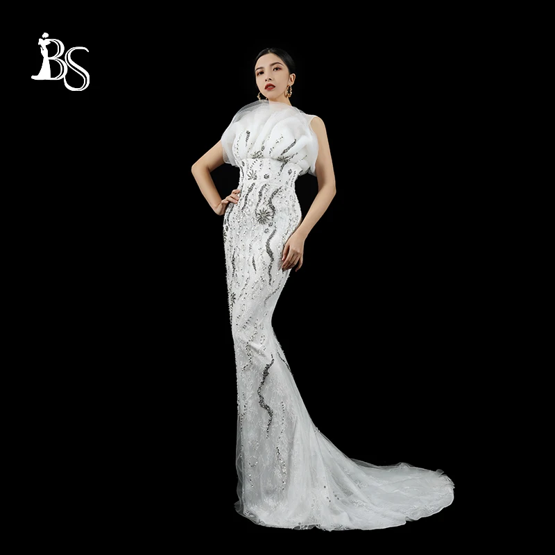 Baisha Tailored Evening Dress Sleeveless Handmade Beads Wedding Gala Dress For Women Lace Formal Dress With Tail H1589