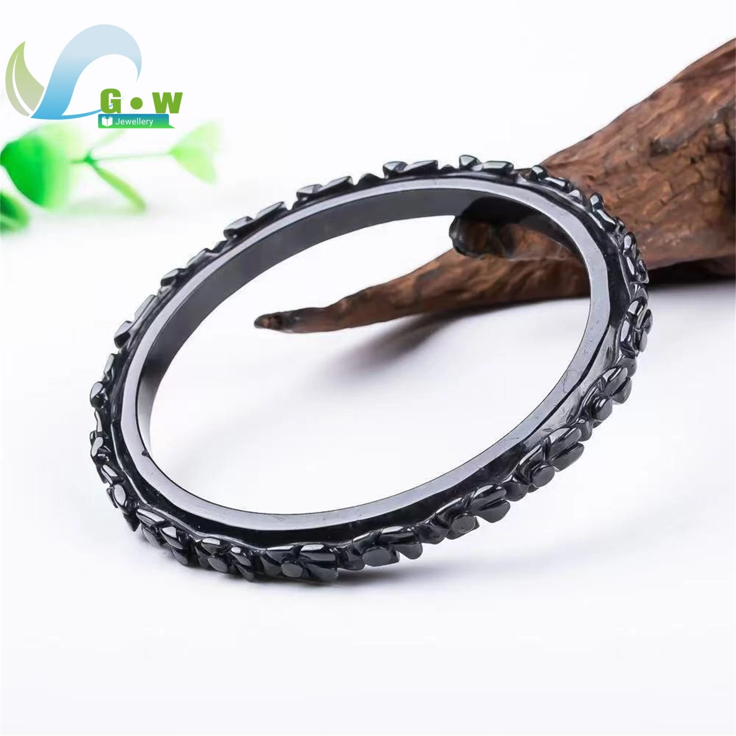 Natural A Grade Black Feathered Icy Jadeite Peony Flower Carved Bangle Translucent Chunky Bracelet Unisex Jewelry Gift