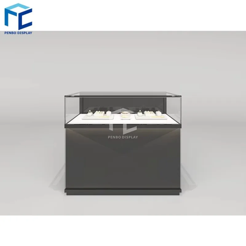 Custom.Trendy Custom Jewellery Display Cabinet Gold Stainless Steel Led Lighting Lockable Glass Jewelry Showcase Display Cabinet