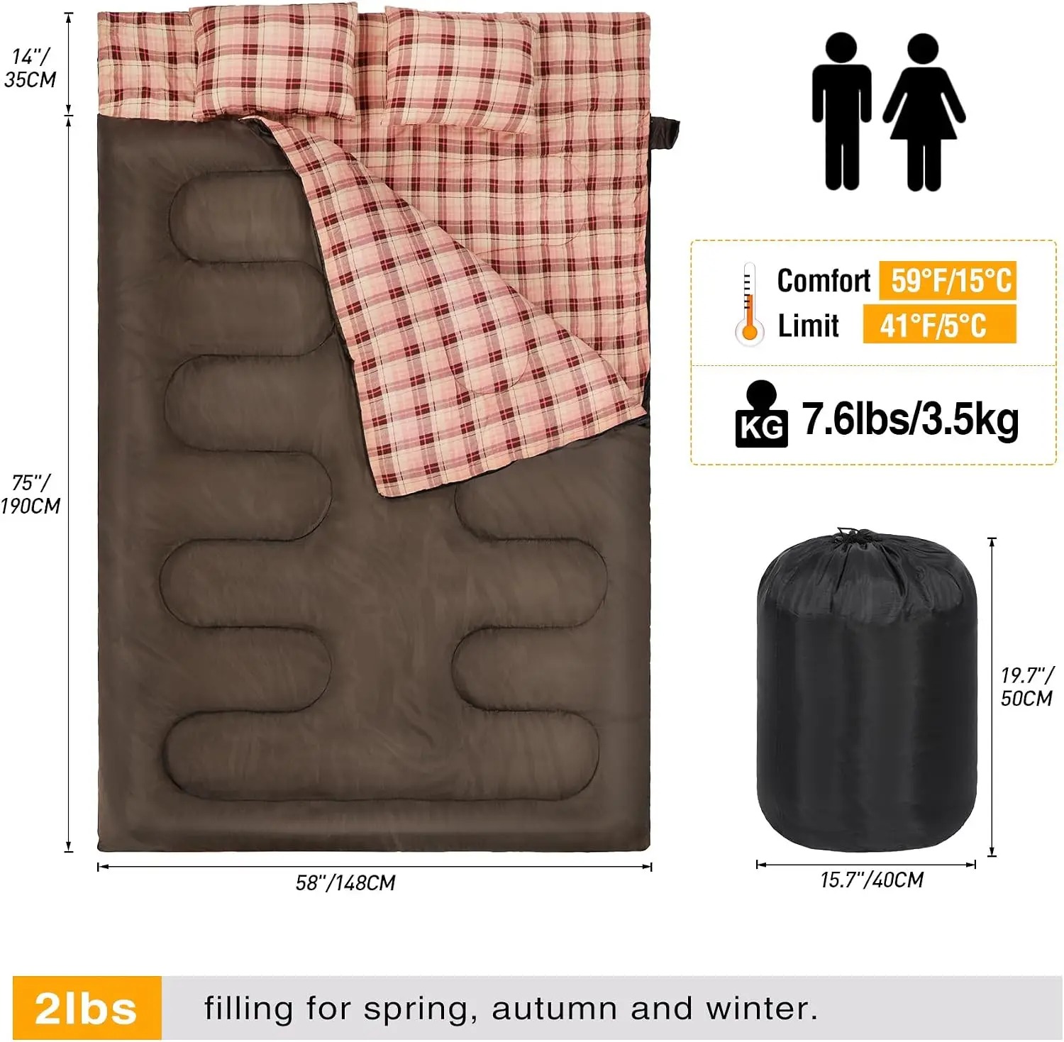 Cotton Double Sleeping Bag for Adults, 2 Person Cold Weather Queen Size Flannel Sleeping Bags for Camping, Black/Navy Blue