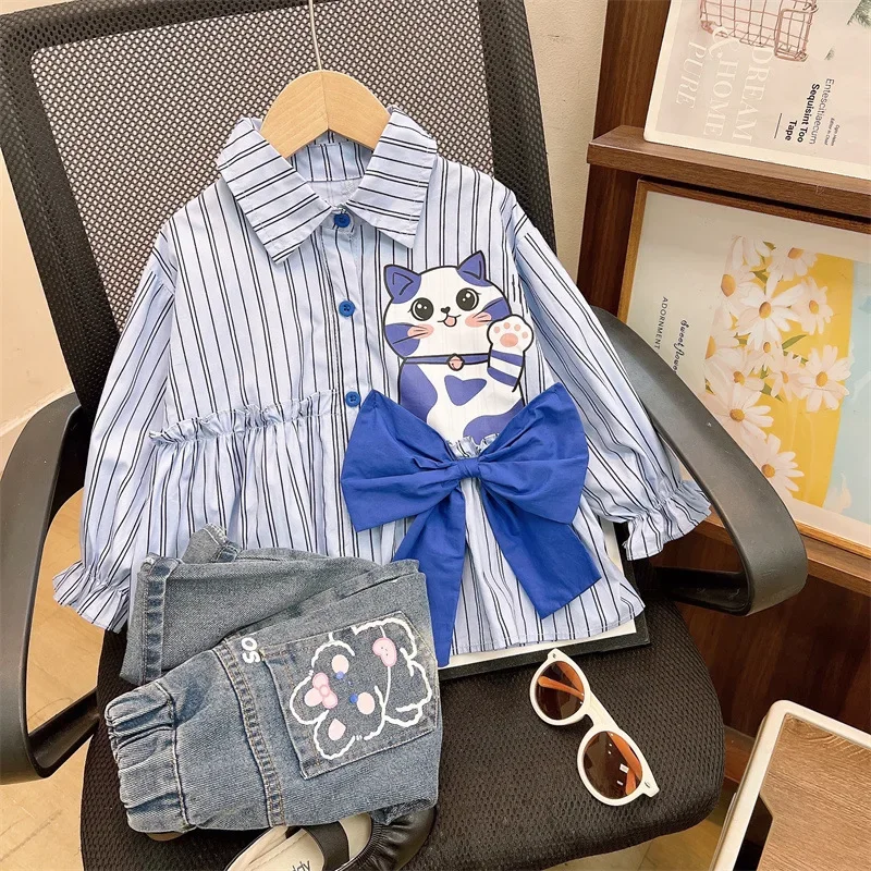 Children's Clothing Sets Cute Bow Cat Shirt + Jeans 2pcs Sets Kids Boutique Clothes Baby Girl Outfit Set