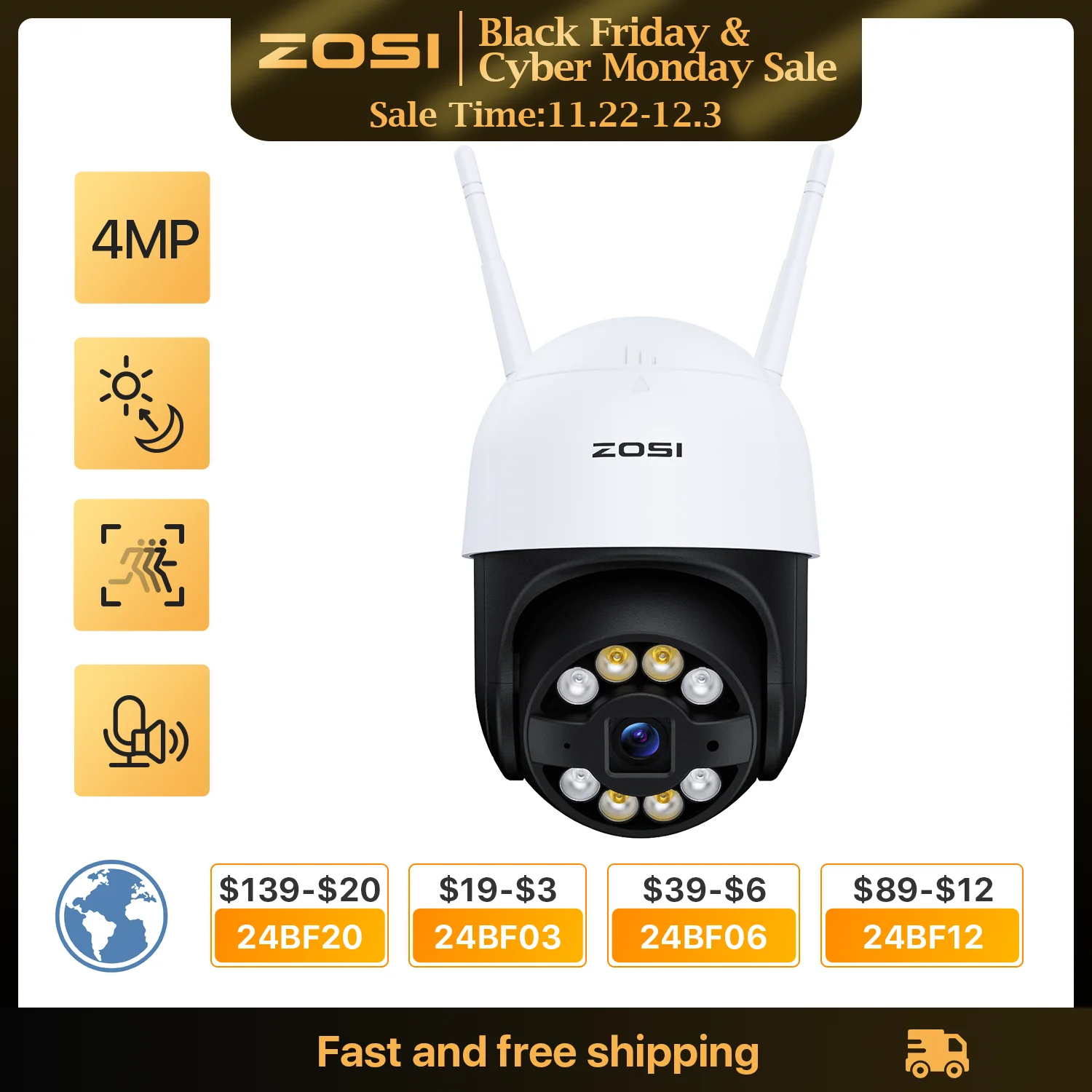 ZOSI Wifi PTZ Camera 2MP/3MP/4MP Starlight Night Vison Surveillance Outdoor IP Camera 2-Way Audio AI Human Detect Wireless Cam 