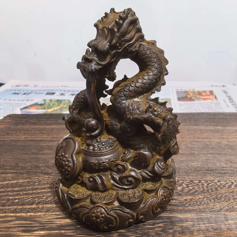 Mini Vintage Chinese Zodiac Dragon Figurine Bronze‑plated Wealth Treasure Pot Base Feng Shui Desktop Collectible Ornament