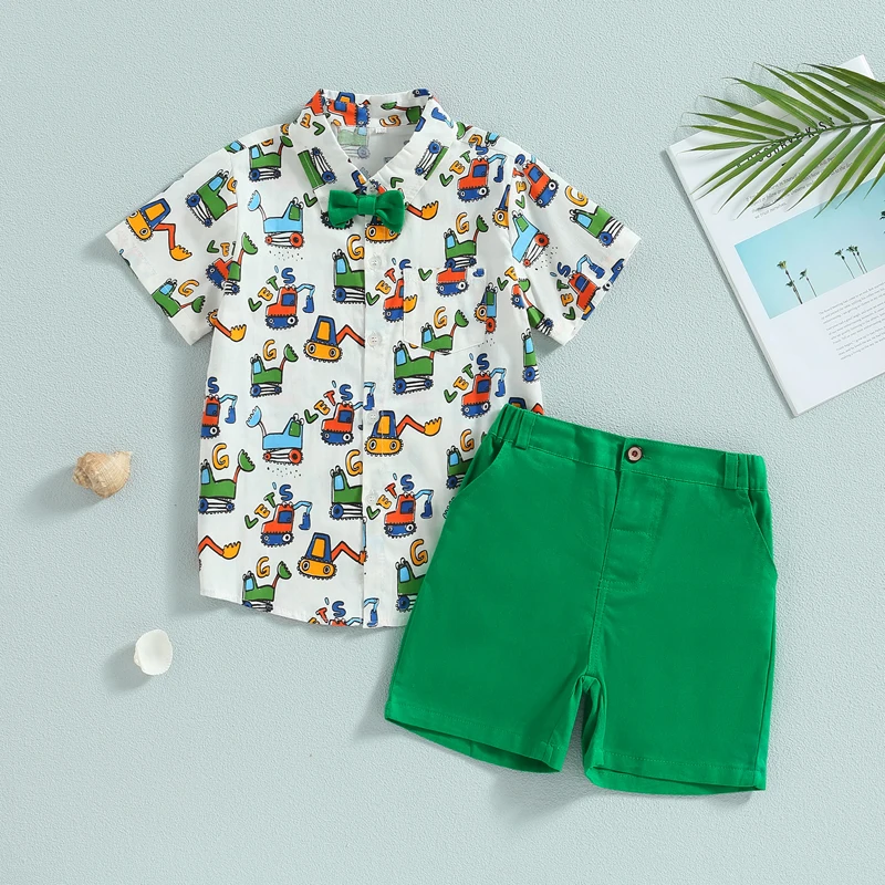 1-6Y Kids Boys Gentleman Outfits Excavator Print Short Sleeve Button Up Shirt and Elastic Shorts Summer Casual Clothes Set