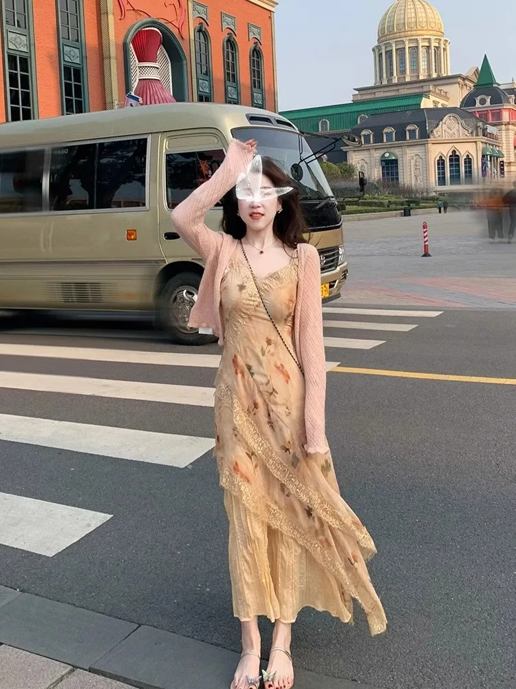 

plus Size Fashionable Small Fragrance Style Dress Set Women's Autumn Slimming Open Cardigan Lace Trim Halter Dress Two Piece Set