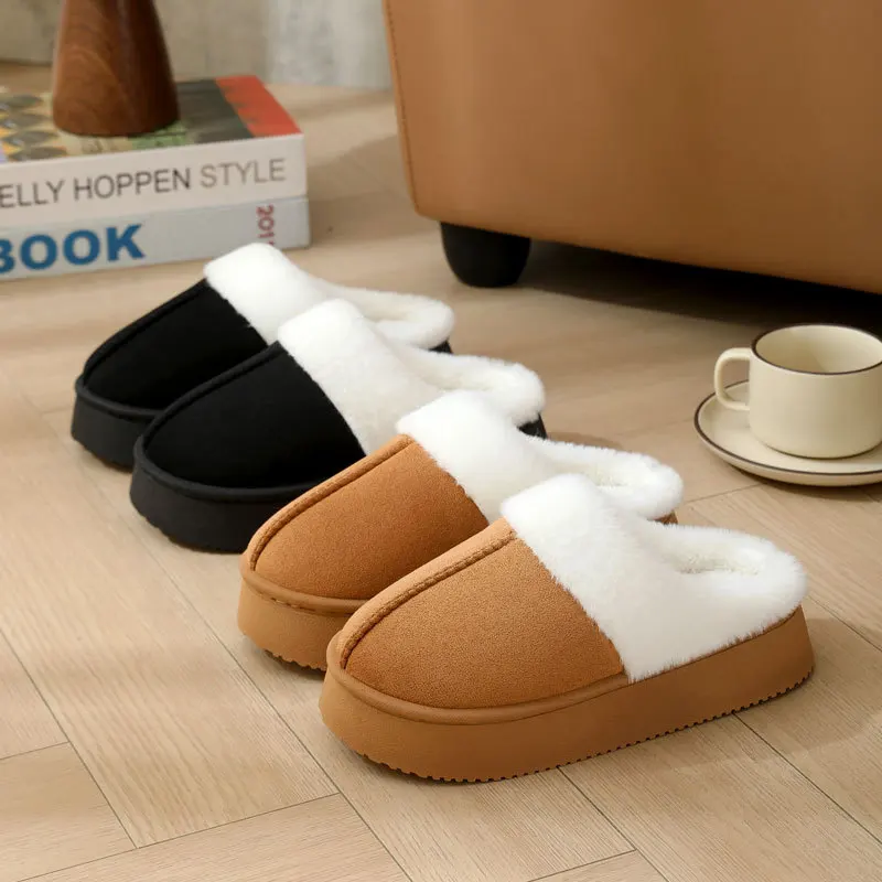 Unisex Home Mules Thick-soled Non-slip Cotton Slippers Men Women Winter Soft-soled Closed-toe Indoor Slippers Warmth Lady Gent