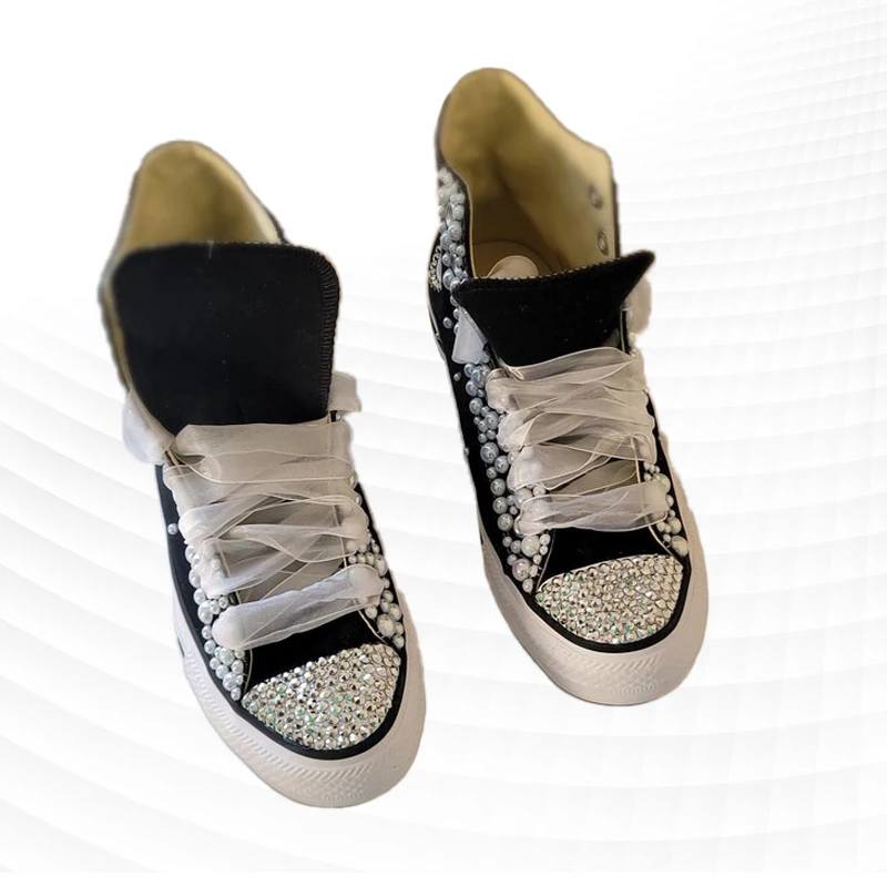 Black High Ribbon Sneakers Rhinestone Canvas Shoes Comfortable Walking Handmade Rhinestone Ribbon Vulcanized Shoes 35-46