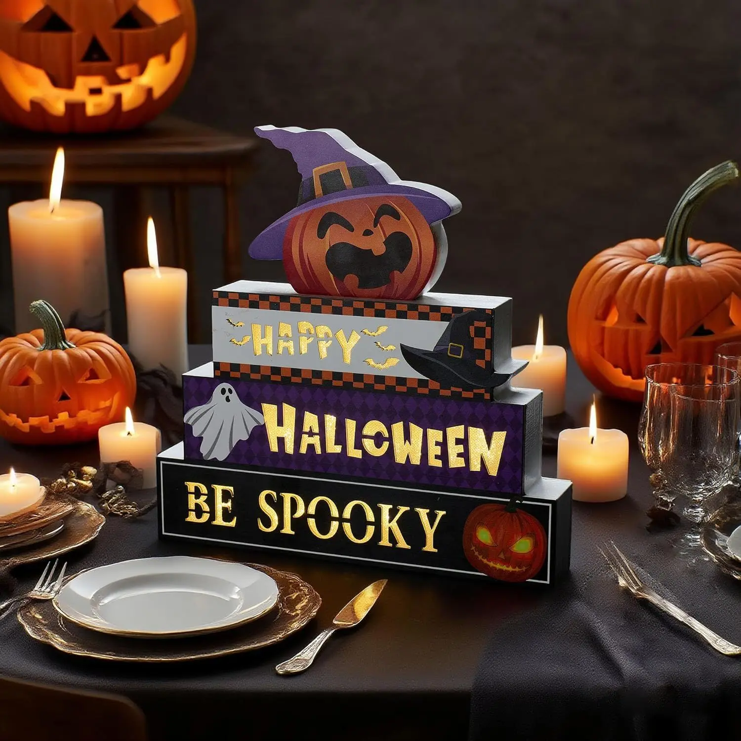 Halloween Decorations Indoor 9.4inch Premium Wooden Block Set with Glowing 3D Letters, Timer, Battery Powered Rustic Farmhouse