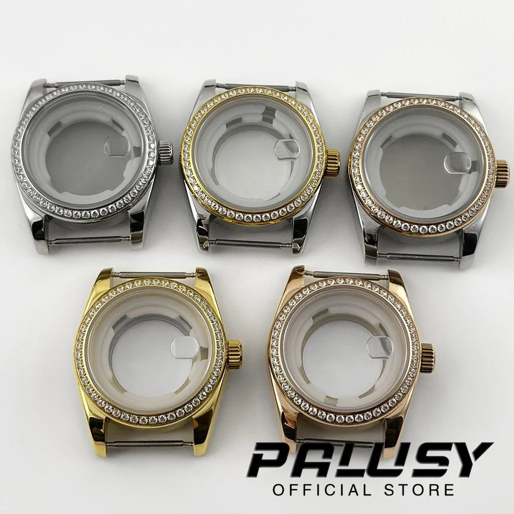 NH05 31MM diamante cristal de zafiro acero inoxidable estriado curvado caja de reloj impermeable para damas mujeres ajuste NH05 NH06 movimiento