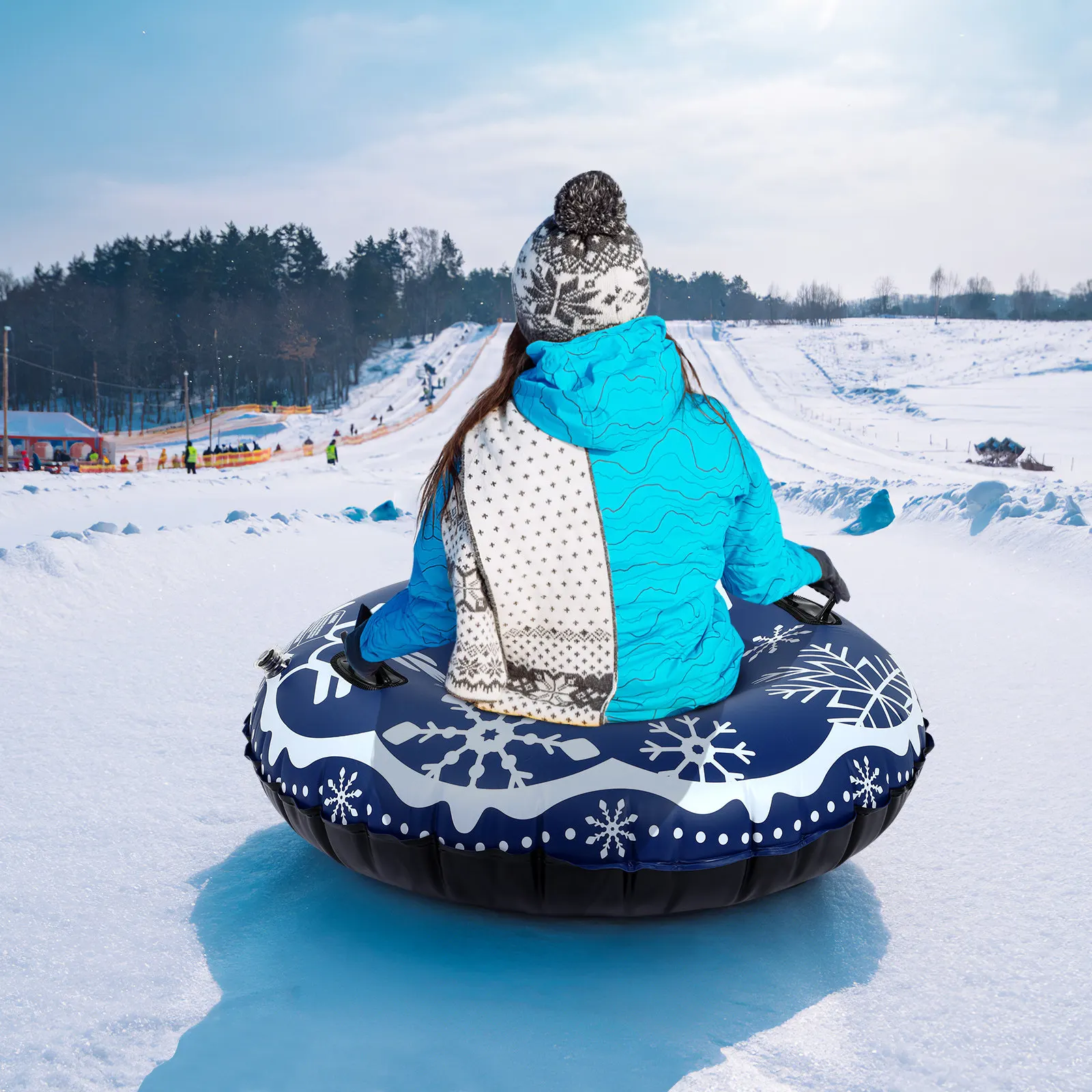 

47 Inches Blue Inflatable Snow Tube Heavy Duty Pvc Skiing Ring For Snow Sled Anti-Scratch Wearproof Portable Foldable Winter