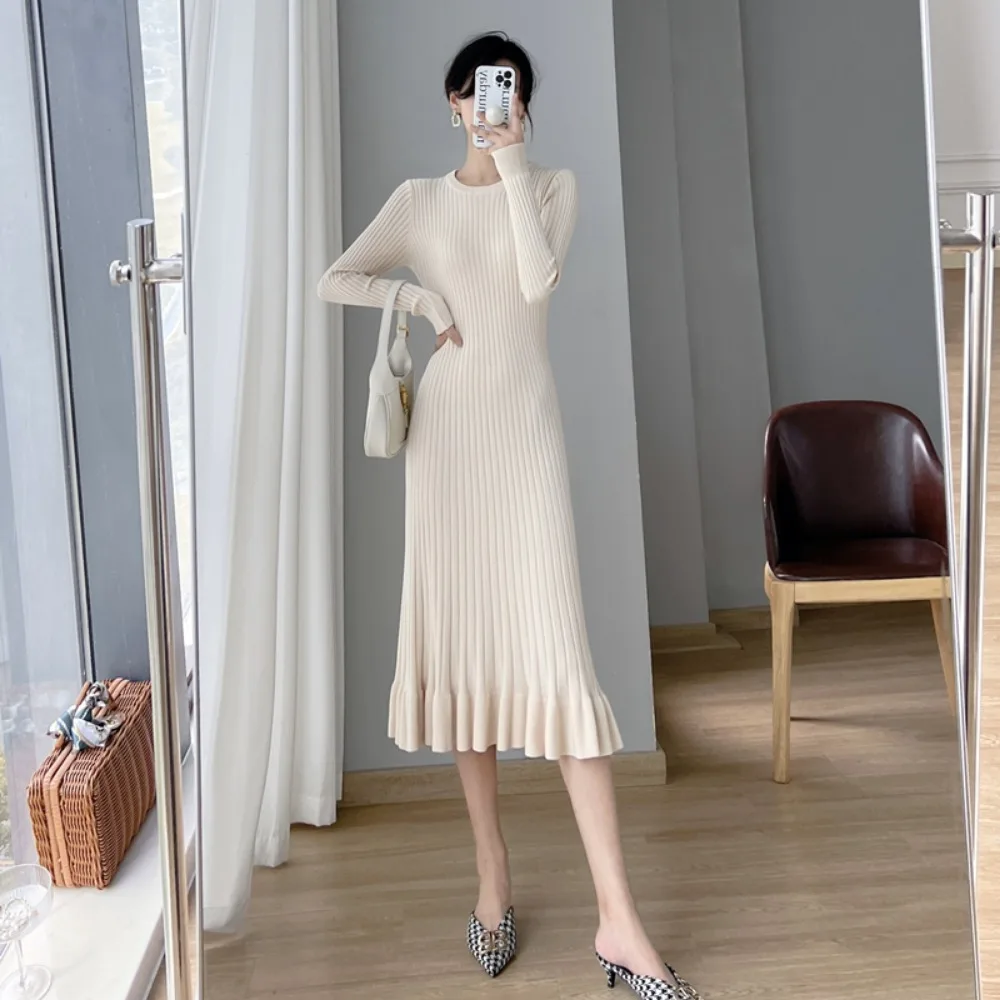 Autumn Winter Solid Color Long-sleeved Long Ruffle Edge Fishtail Sweater Knitted Dress Women's Crew Neck Versatile Holiday Dress