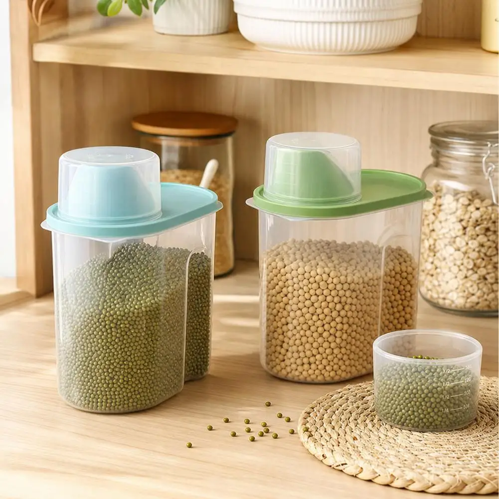 Dry Goods Container 1.9L2.5L with Measuring Cup – Rice Grain Cereal Storage Box, Pet Food Sealed Keeper for Kitchen