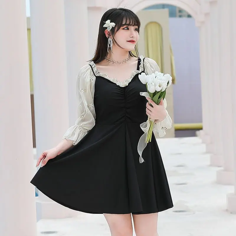 Large Size 9XL 160KG Women's Swimming Suit Black Swimwear One Piece Patchwork Swimsuit with Skirt Woman Bathing Suit