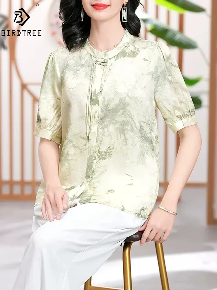 BirdTree, 50%Mulberry Silk Chinese Shirt, Women Stand Neck Short Sleeves Tassel, Loose Vintage Blouses, Summer Spring T456108QM