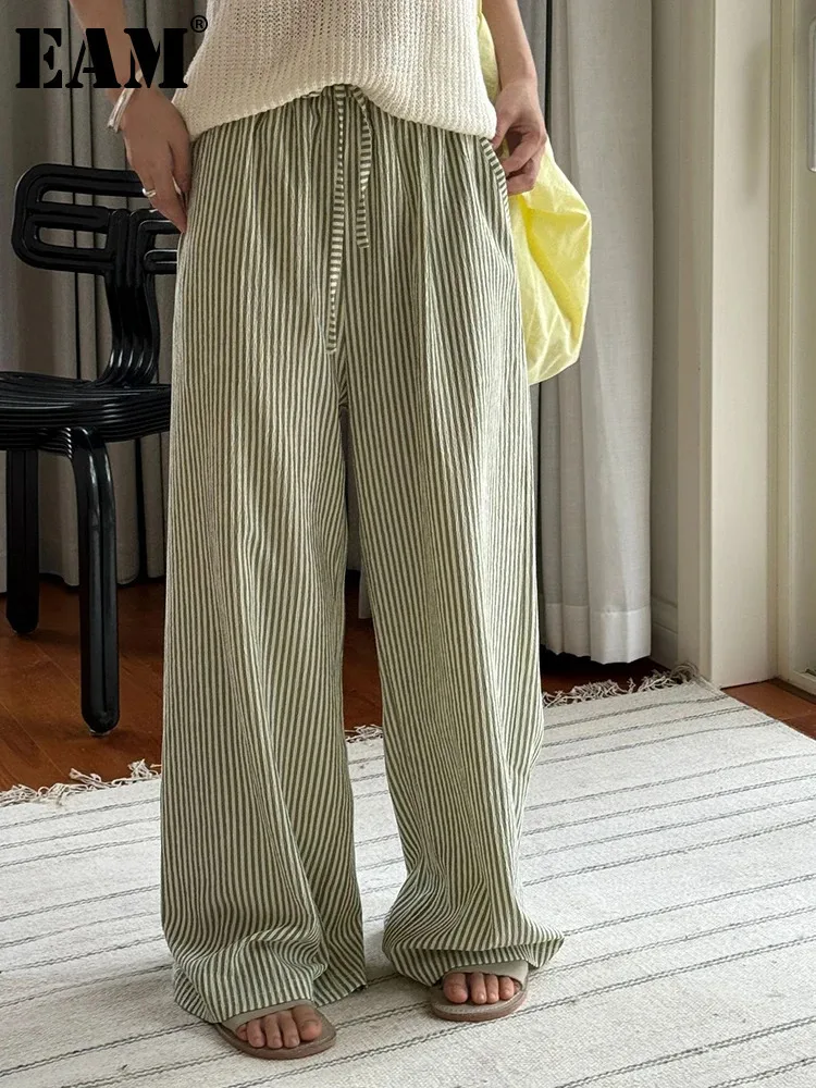 

[EAM] Длинные повседневные широкие брюки с высокой эластичной резинкой на талии в зеленую полоску, новые брюки, женские модные брюки, весна-осень 2024 1DH6058