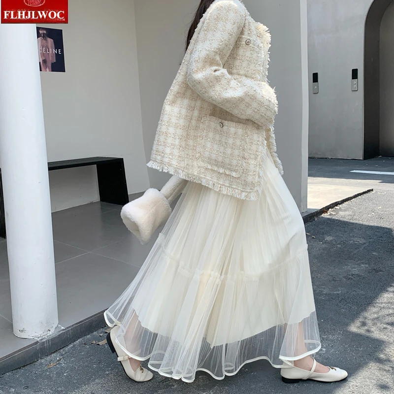 Wełniane spódnice z siateczki Nowy Rok 2025 Jesień Zima Podstawy Damskie Urocze Słodkie Dziewczęce Japoński Styl Preppy Retro Vintage Długa Plisowana Spódnica