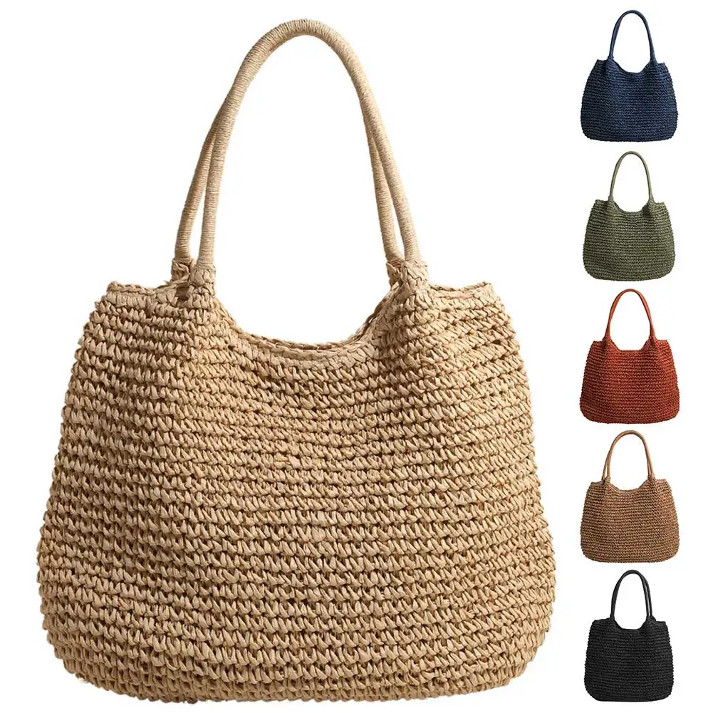 Women Straw Tote Handbag Large Capacity Vintage Shoulder Bag Solid Color Simple Weaving Handbag Ladies Summer Daily Bag