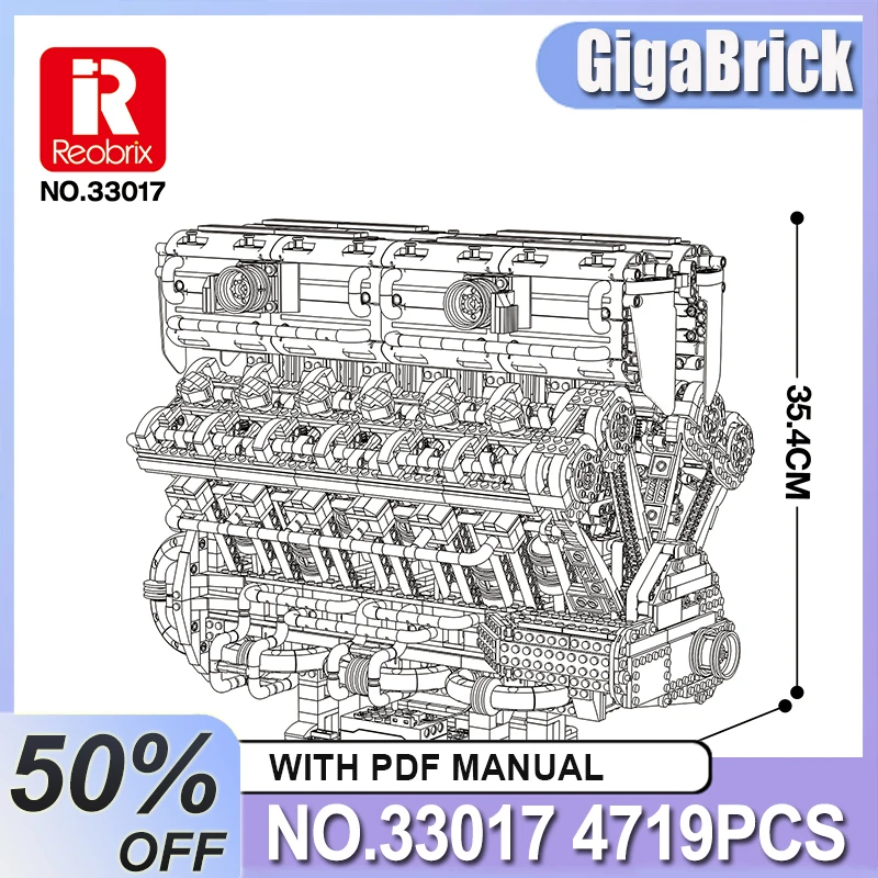 

Reobrix MOC IN STOCK 33017 4719pcs V12 Engine Cylinder High-Tech Building Blocks Bricks Model Toys for Boys Birthday Gift Set