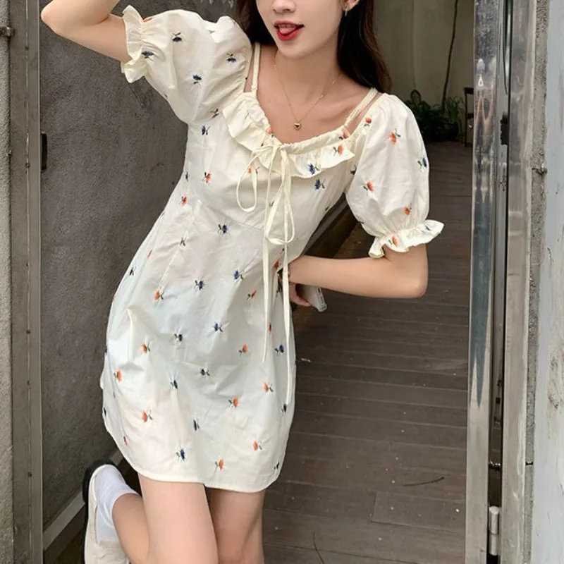 Women's Summer Geometric Slash Neck Printed Camis Bandage Patchwork Petal Short Sleeve Pullover Casual Elegant Party Dress