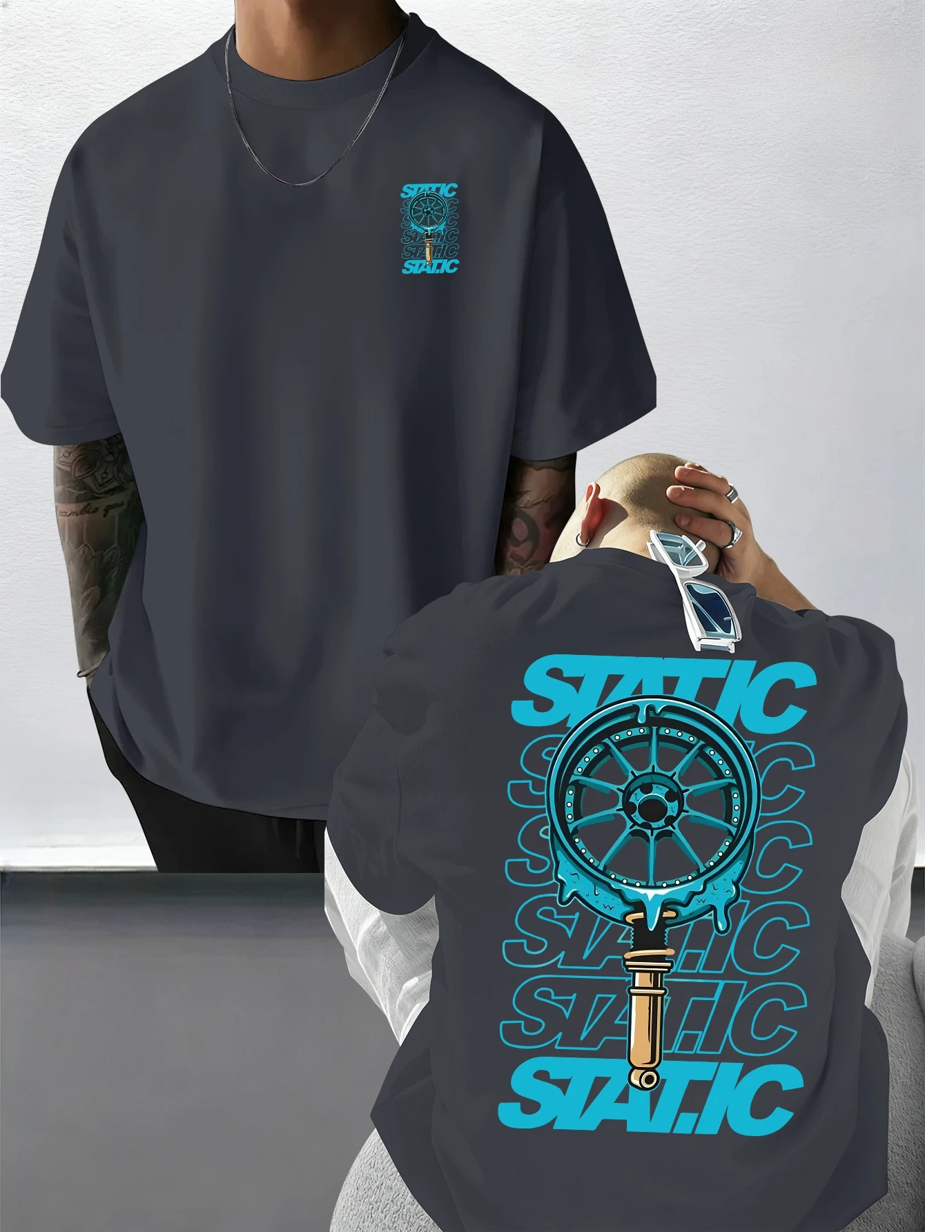 Camiseta de algodón unisex de cuello redondo oversize para hombre, estilo urbano, con estampado de llanta estática, informal y moderna, para verano y primavera