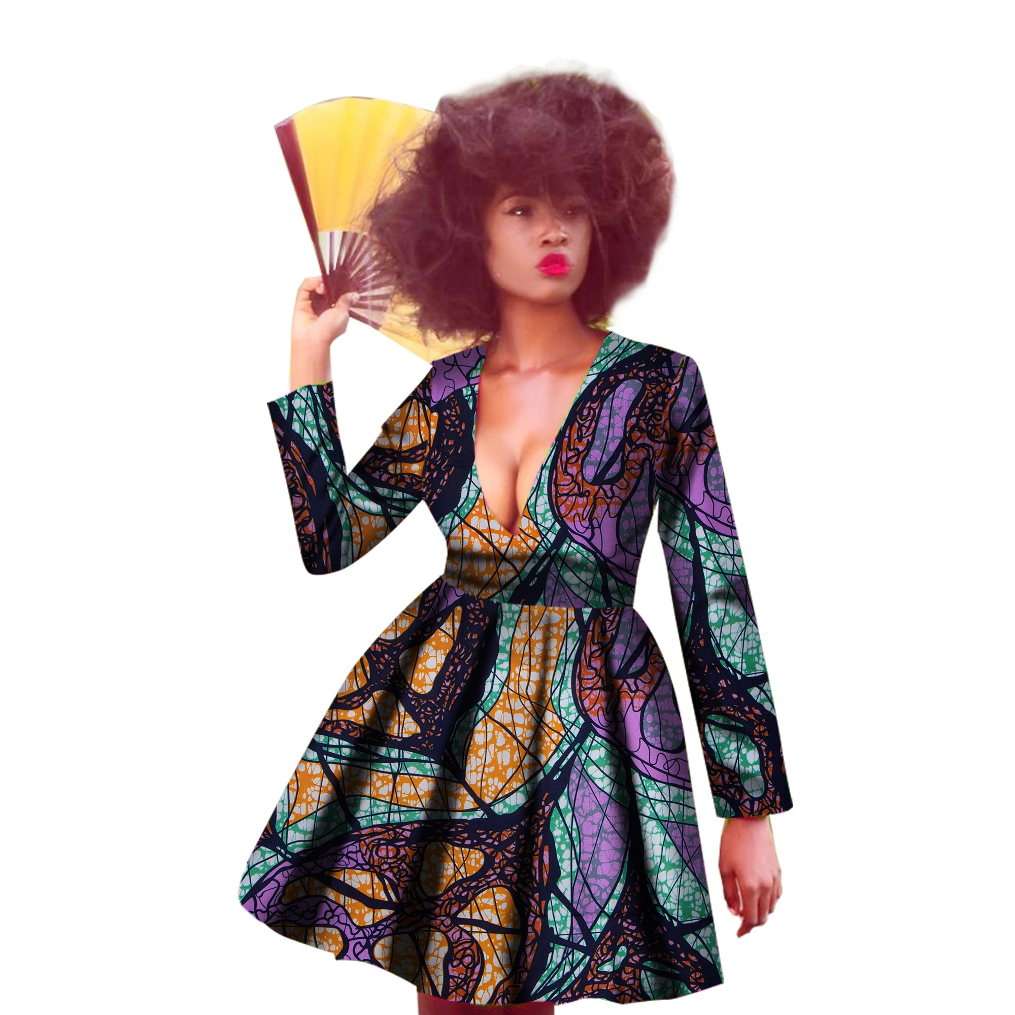 

Африканские платья для женщин Dashiki, сексуальное короткое платье с глубоким v-образным вырезом и длинными рукавами Bazin Riche, одежда больших размеров WY1386