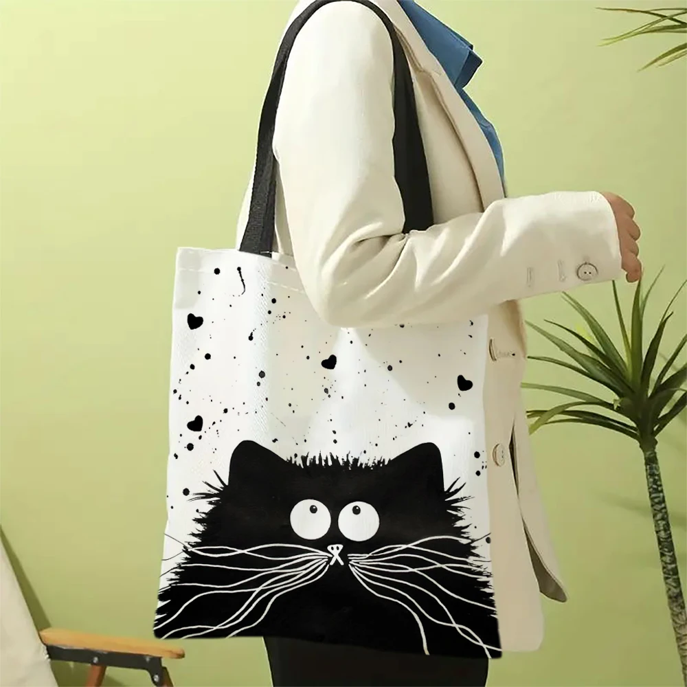 Leinen-Shopper, wiederverwendbare Tragetasche, süßer Katzendruck, Lebensmittel-Aufbewahrungstasche, tragbar, große Kapazität, Umhängetasche, maschinenwaschbare Tragetasche – Detail 3