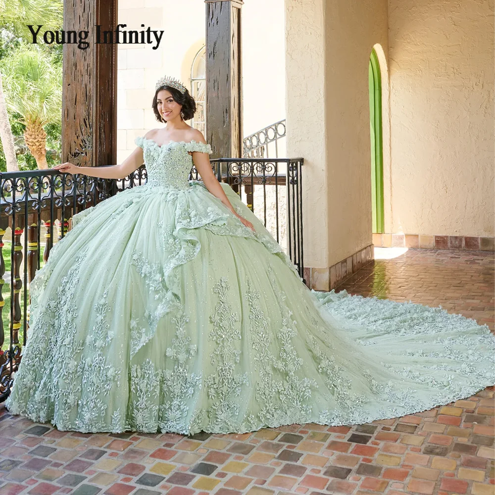 Flower Green Quinceanera Dress 2024 Vestidos De 15 Anos Long Train Lace Applique Sweet 15 16 Birthday Party Gown Ball Prom Gala