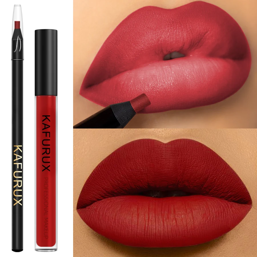 2PCS Sexy Red Lip Liner Pen and Matte Lip Glaze Set Liquid Lipstick Korean Makeup Gifts Lip Gloss High Pigment Lip Tint Cosmetic