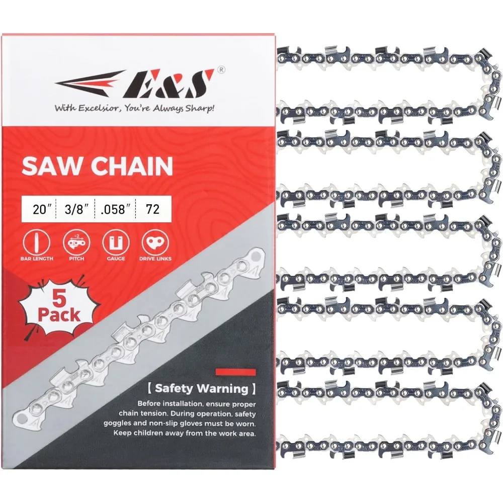 5 Pack 20 Inch Chainsaw Chain for Semi-Chisel Cutting, 3/8