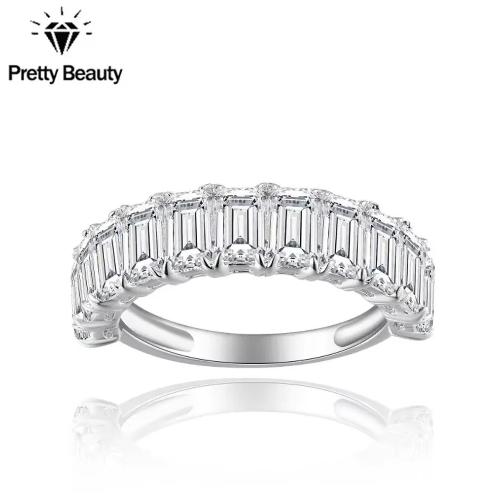 

Pretty Beauty S925 Silver 3*5mm Emerald Cut Moissanite Ring Half Eternity Wedding Band White Gold Plated Fine Jewelry for Women