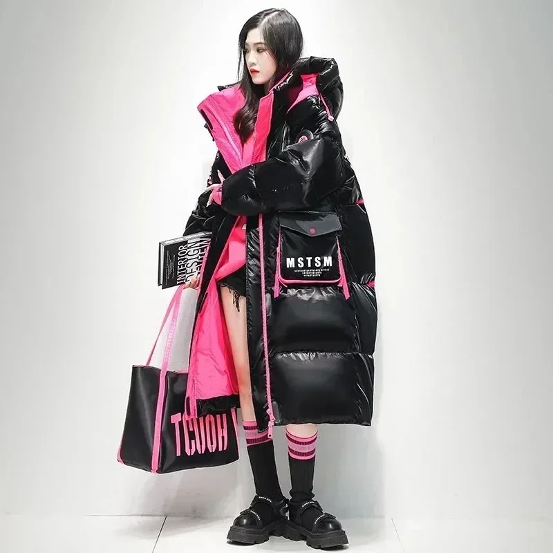 QNPQYX Winter Women Glossy Waterproof Thick Loose Outerwear Warm Parka Snow Down Jacket Hooded X-long 90% White Duck Down Coat