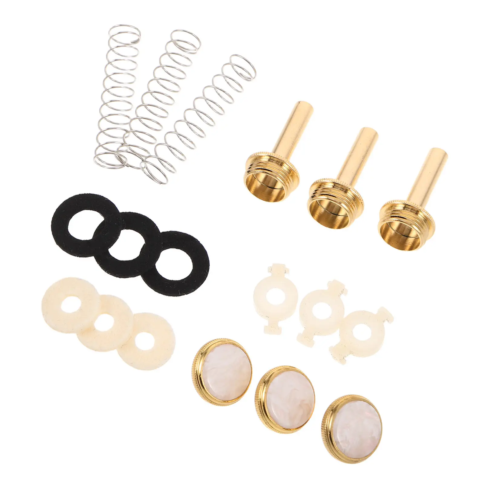 

1Set Trumpet Valve System Replacement Parts Gold Plated Valve Cap Finger Buttons Spring Felt Washer Piston Guides Repair Kit