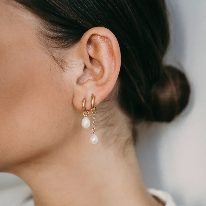 

KKBEAD Earrings For Women Stainless Steel Hoop Natural Freshwater Pearl Earring Fashion Female Luxury Designer Jewelry