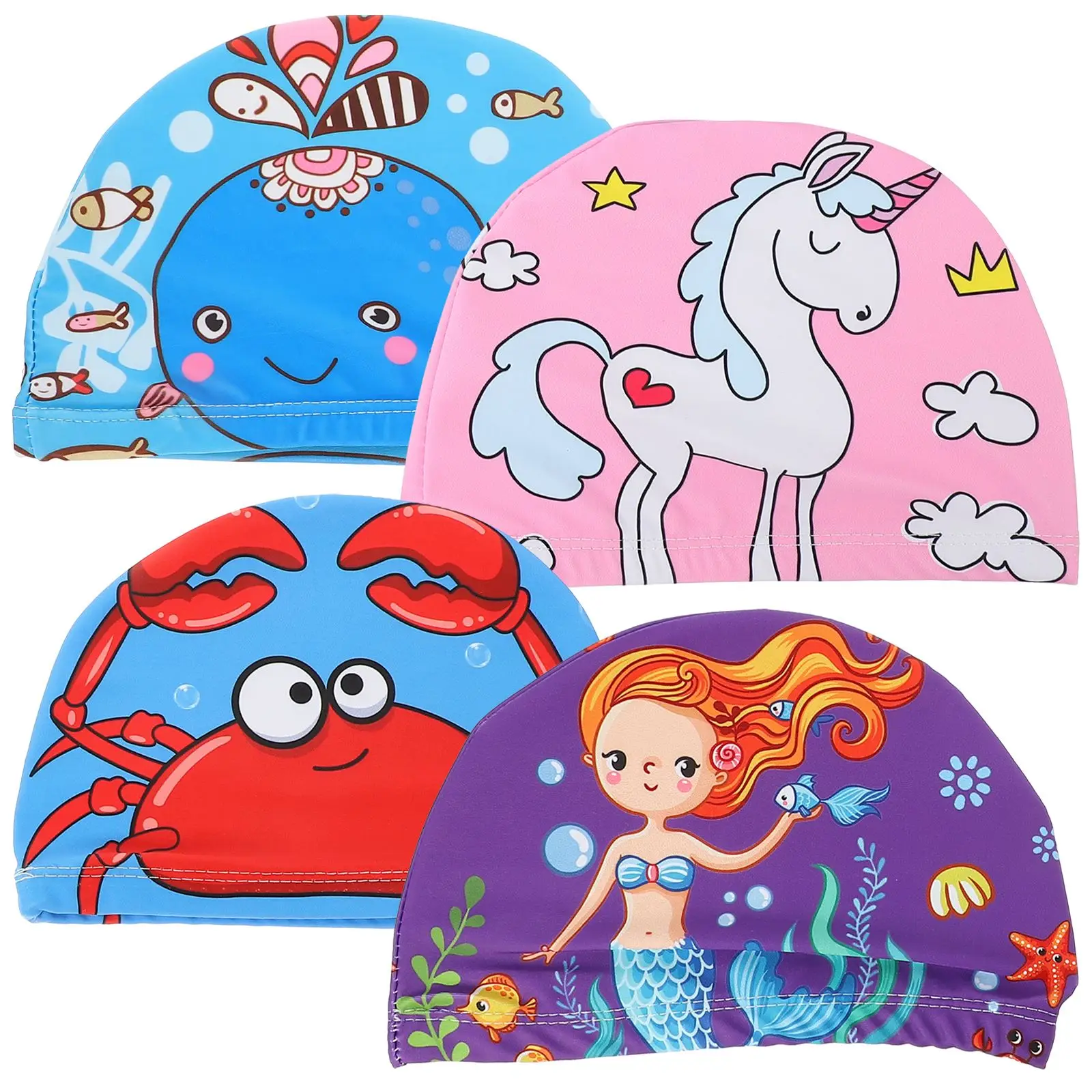 4pcs Swim Hat Children Flexible Cartoon Shower Cap For Babies Ear Protect Cloth Swimming Hat Breathable Shower Cap For Babies