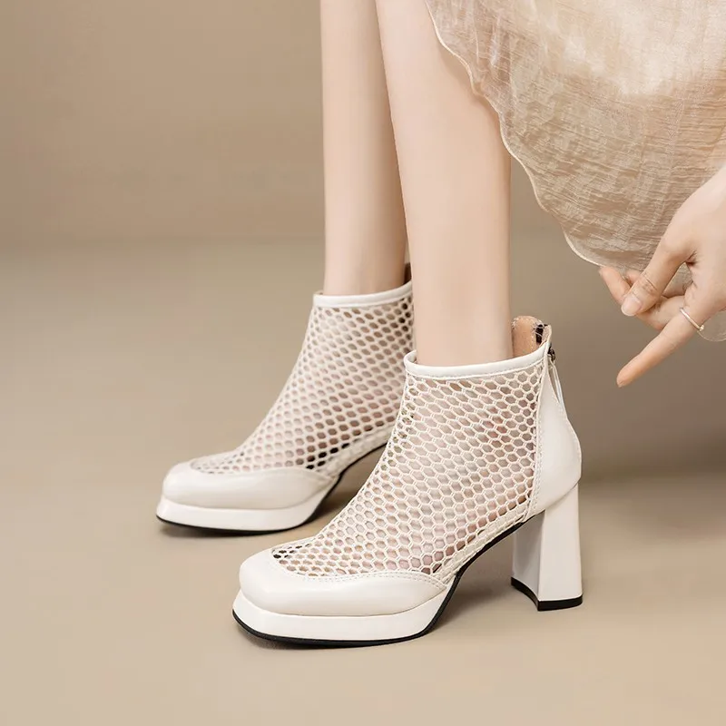 High Heel Cool Boots Summer New Style Round Head Mesh Breathable Rear Zipper Waterproof Table Non-slip Ankle Boots