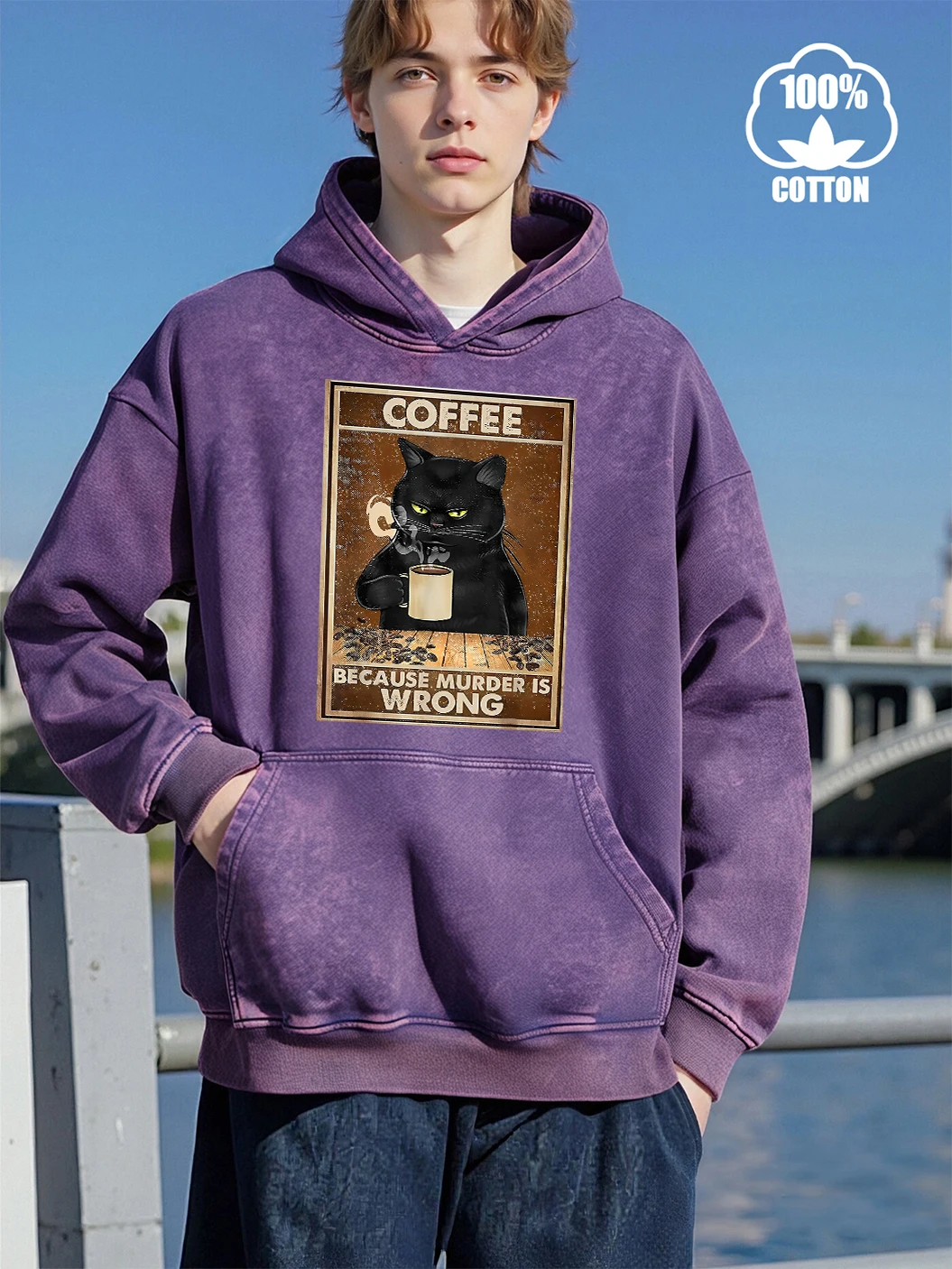 القهوة القط Beacuse القتل خاطئة طباعة غسلها هوديي الشارع ملابس كبيرة الحجم فضفاضة عارضة البلوز مريح القطن الرياضية